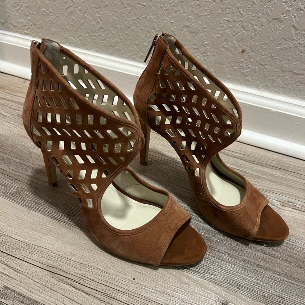 BCBG Camel Suede Peep Toe Ankle Heels